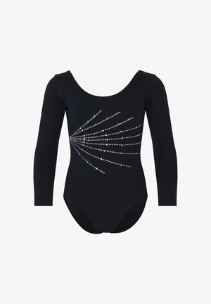 Schwarzer langärmeliger Trikot mit Rundhalsausschnitt, verziert mit silbernen Strasslinien, die vom linken Taillenbereich ausstrahlen.