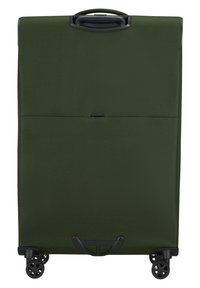Valise rigide vert foncé avec une surface texturée, deux roulettes, une poignée supérieure et une poche zippée à l'arrière.
