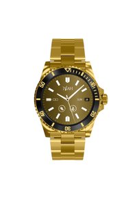 Montre en acier inoxydable doré avec une lunette noire, un cadran marron, des index horaires blancs, un affichage de la date et un bracelet à maillons en métal.