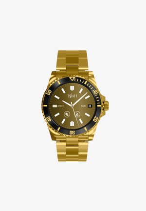 Goldfarbene Edelstahl-Uhr mit schwarzer Lünette, braunem Zifferblatt, weißen Stundenmarkierungen, Datumsanzeige und einem Metallgliederarmband.