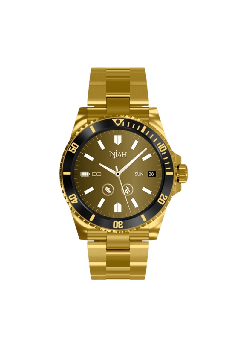 Montre en acier inoxydable doré avec une lunette noire, un cadran marron, des index horaires blancs, un affichage de la date et un bracelet à maillons en métal.