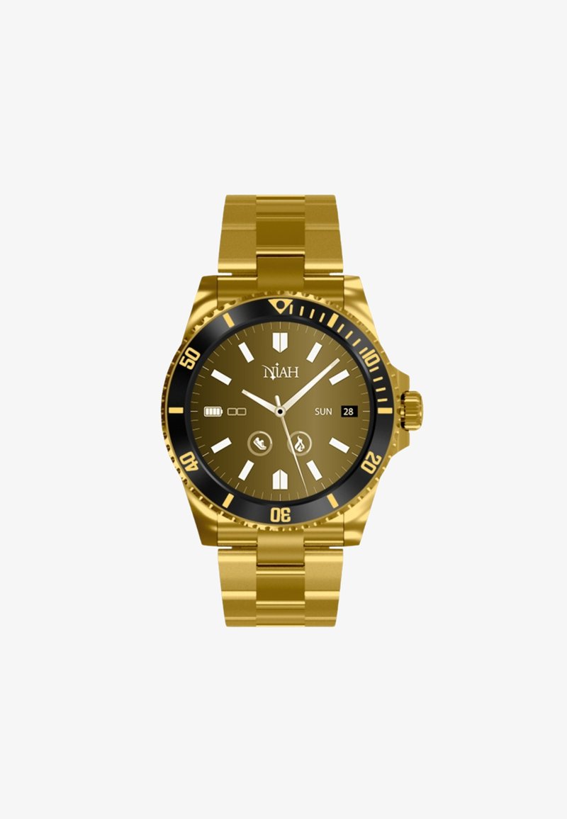 Orologio in acciaio inossidabile dorato con lunetta nera, quadrante marrone, indicatori delle ore bianchi, display della data e bracciale a maglia in metallo.
