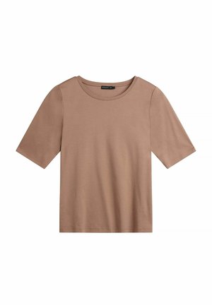 Bruine T-shirt met korte mouwen, gemaakt van zacht materiaal. Voorzien van een ronde hals en een ontspannen pasvorm. Eenvoudig ontwerp zonder zichtbare patronen of accenten.