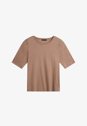 Bruine T-shirt met korte mouwen, gemaakt van zacht materiaal. Voorzien van een ronde hals en een ontspannen pasvorm. Eenvoudig ontwerp zonder zichtbare patronen of accenten.