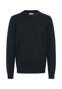 Maglione a tre quarti nero a maniche lunghe con colletto rotondo, realizzato in maglia con polsini e orlo a coste, esposto su uno sfondo bianco semplice.