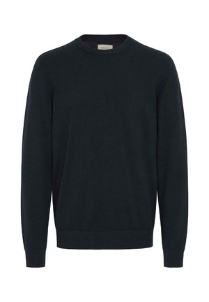 Schwarzer Rundhalsausschnitt langärmeliger Strickpullover mit gerippten Bündchen und Saum, auf einem schlichten weißen Hintergrund präsentiert.