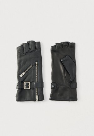 Mănuși negre din piele fără degete, cu închidere laterală cu fermoar, detaliu cu cataramă și accente cusute; finisaj texturat, design elegant și formă ajustată.