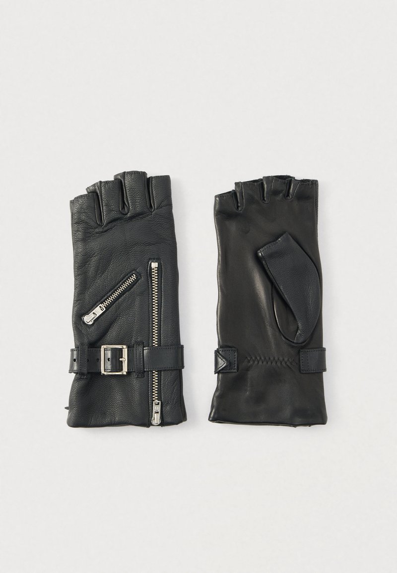 Svarte fingerløse hansker i skinn med glidelås på siden, spenne-detalj og sømmer; teksturert overflate, elegant design og tettsittende form.