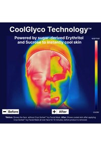 Analyse thermique du visage divisée en deux montrant une peau plus chaude avant et une peau plus fraîche après application du masque Cryo Sorbet pendant 10 minutes avec un effet rafraîchissant.