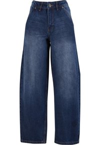 Jean denim bleu foncé à jambes larges avec fermeture bouton et zip, passants de ceinture et poches avant.