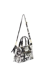 Borsa con motivo a pois bianco e nero, materiale in pelle, doppi manici, tracolla regolabile, hardware in oro e tasca frontale con zip.