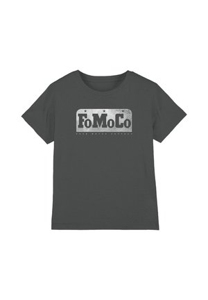 Dunkelgraues kurzärmeliges T-Shirt mit einem retro-silbernen "FoMoCo"-Logo und dem Schriftzug "Ford Motor Company" darunter auf der Brust.