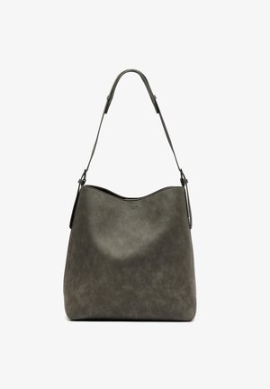 Gray faux leather shoulder bag with a smooth texture, curved top, and adjustable strap. Features a minimalistic design with no visible hardware.