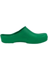 Green rubber clogs with a closed toe, backless design, smooth texture, and a contoured shape for comfort. Textured inside for grip.