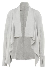 Giacca aperta grigio chiaro in morbido tessuto jersey. Presenta un davanti drappeggiato, maniche lunghe con fori per il pollice e il logo Nike sul polsino.
