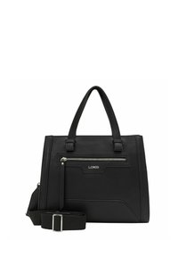 Borsa a tracolla in pelle nera con forma strutturata, doppi manici e tracolla rimovibile. Presenta una tasca frontale con zip e un sottile dettaglio del logo.