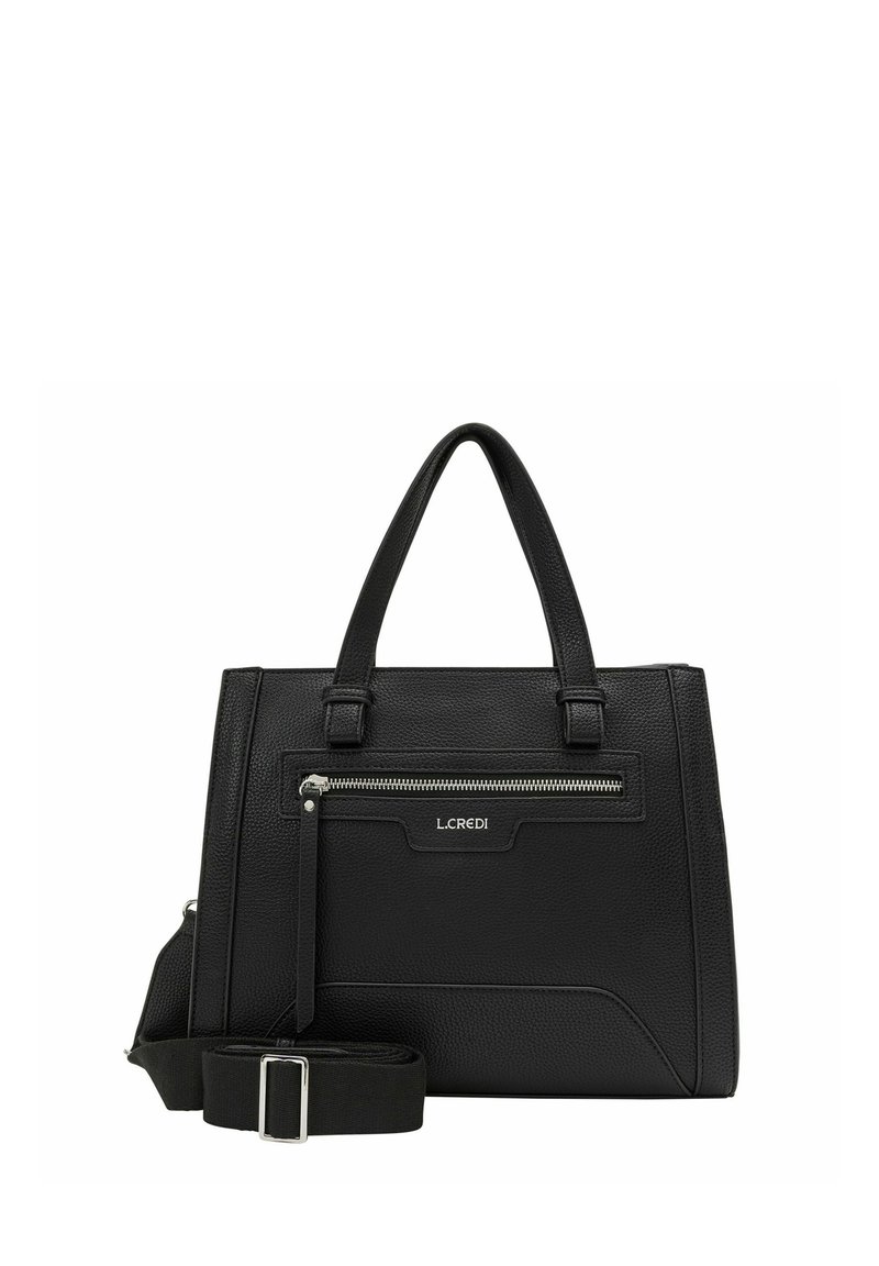 Black leather handbag with structured shape, dual handles, and detachable shoulder strap. Features a front zip pocket and subtle logo detail.