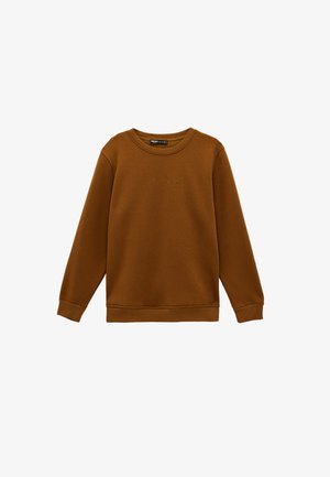 Sudadera marrón hecha de una mezcla de algodón, con cuello redondo y puños acanalados, y la frase "High Rise" bordada en el frente en color a juego.