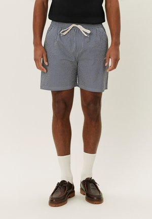 Shorts da bagno a strisce blu e bianche con vita elastica, chiusura con coulisse e tasche laterali. Indossati con scarpe marroni e calze bianche.