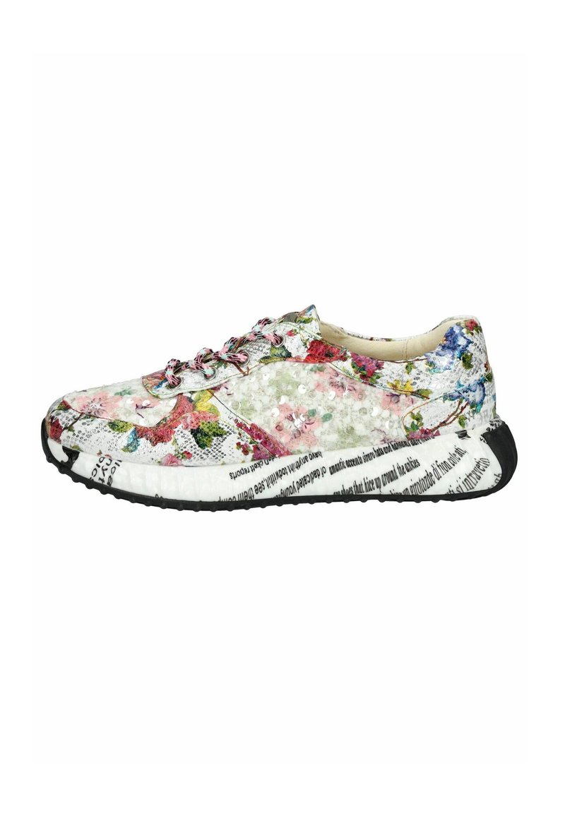 Zapatillas multicolores con patrones florales y lentejuelas, con una mediasuela blanca con acentos de texto y una suela de goma negra.