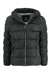 Veste matelassée vert foncé avec capuche, dotée d'une fermeture éclair, de deux poches avant zippées et d'une texture matelassée.