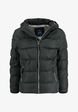 Tummanvihreä toppatakki hupulla, jossa on vetoketjusuljenta, kaksi vetoketjullista etutaskua ja tikattu pinta.