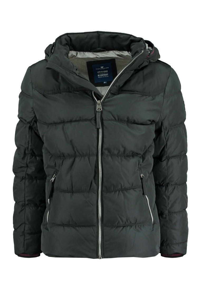 Veste matelassée vert foncé avec capuche, dotée d'une fermeture éclair, de deux poches avant zippées et d'une texture matelassée.