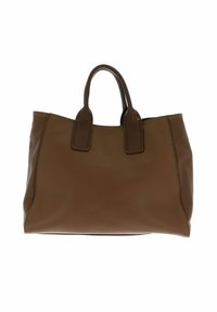 Sac fourre-tout en cuir marron avec une texture lisse, des accents à motifs sur les côtés, deux poignées robustes et un design spacieux.