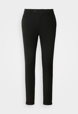 Schwarze Maßanzug-Hosen mit schlanker Passform, elegantem Design und Gürtelschlaufen, einer einzigen Gesäßtasche und glatter Stoffstruktur.