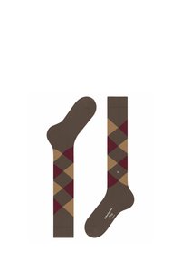 Brązowe skarpetki z wzorem argyle w odcieniach beżu, burgunda i szarości. Zawierają bezszwowy palec i logo w pobliżu kostki. Tekstura wstążki.