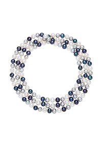 Perlekæde med varierende nuancer af blå og hvide perler, glat overflade, rund form, med tæt arrangerede perler i et cirkulært design.