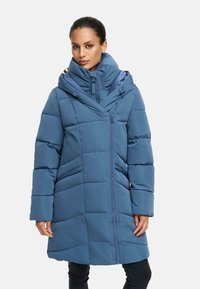Padded blue coat with a large collar, quilted texture, zip front, and side pockets. Features a slightly flared silhouette.
