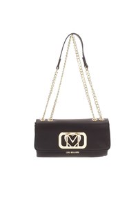 Borsa a mano nera in pelle con forma rettangolare, hardware dorato, tracolla a catena e dettaglio del logo nella parte anteriore. Texture liscia.