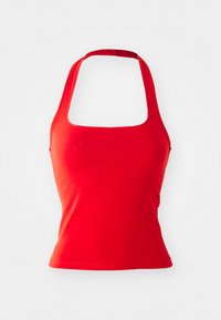 Rode halterhals tanktop met een vierkante halslijn, getailleerd ontwerp en een gladde textuur. Geen zichtbare patronen of accenten.