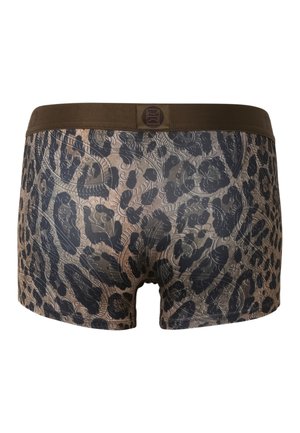 Herren-Boxershorts mit braunem elastischem Bund und dunkel geblümtem sowie Paisley-Muster auf dem Stoff.