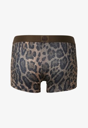 Herren-Boxershorts mit braunem elastischem Bund und dunkel geblümtem sowie Paisley-Muster auf dem Stoff.