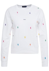 Vit sweatshirt med flerfärgade polo-logotyper broderade över hela. Funkar med rund halsringning och ribbade ärmslut och fåll.