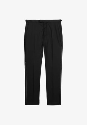 Zwarte broek met een gladde textuur, voorzien van een klassieke pasvorm, zijzakken en glanzende zwarte satijnen accenten langs de buitennaad.