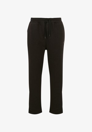 Mustat verkkareita, joissa on joustava vyötärö, johon kuuluu nauha, ja kapenevat lahkeet. Valmistettu pehmeästä, tekstuurista kankaasta, jossa on sileä pinta.