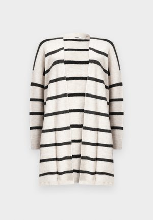 Cardigan a maglia beige con righe orizzontali nere. Presenta un'apertura frontale, maniche lunghe e una vestibilità comoda. Tessuto morbido.