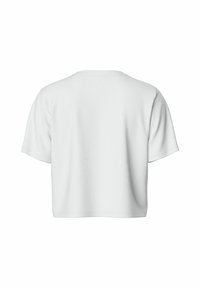 Bílý zkrácený tričko s krátkým rukávem, vyrobené z hladké bavlněné látky. Má kruhový výstřih a hladký zadní díl bez ozdob.