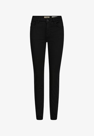 Melnas šaurās bikses, izgatavotas no elastīga auduma, ar klasisku piecu kabatu dizainu, jostas cilpām un priekšējo pogu aizdari.