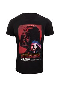 Černé bavlněné tričko s grafickým potiskem Darth Vadera, s červenými a modrými akcenty, a textem "Návrat Jediho" a datem.