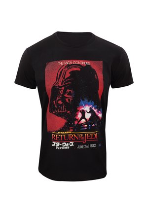 T-shirt en coton noir avec un motif graphique de Dark Vador, avec des accents rouges et bleus, et un texte indiquant "Le Retour du Jedi" et une date.