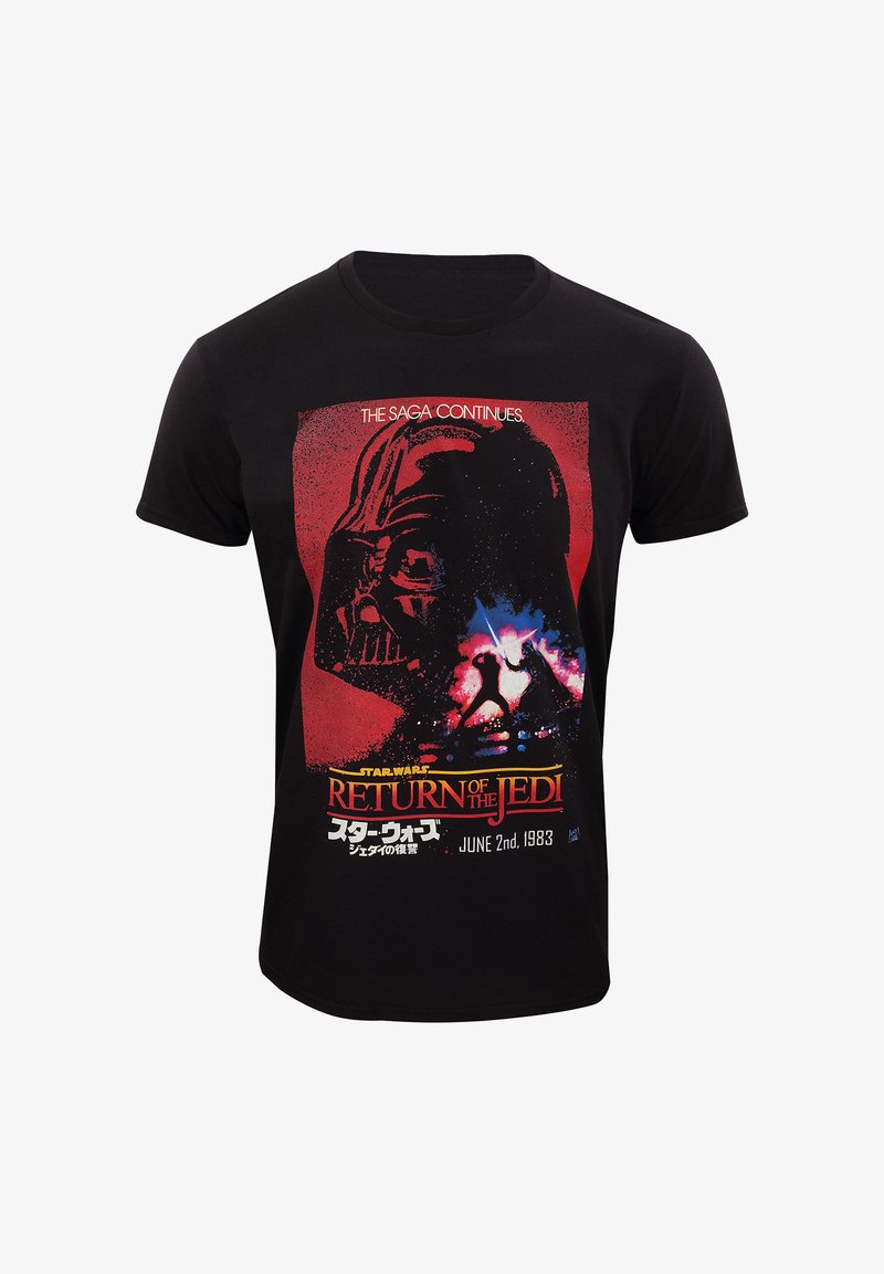 Černé bavlněné tričko s grafickým potiskem Darth Vadera, s červenými a modrými akcenty, a textem "Návrat Jediho" a datem.