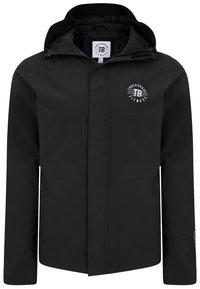 Schwarze leichte Jacke mit Kapuze, durchgehendem Reißverschluss vorne und Logodruck. Verfügt über eine glatte Textur und lange Ärmel.