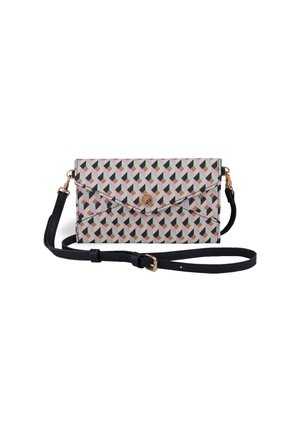 A patterned crossbody bag with a geometric design in pastel colors, featuring a flap with a decorative clasp and an adjustable strap.