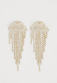 Gold-tone chandelier earrings featuring cascading strands of clear crystals, creating a dramatic, elongated silhouette.