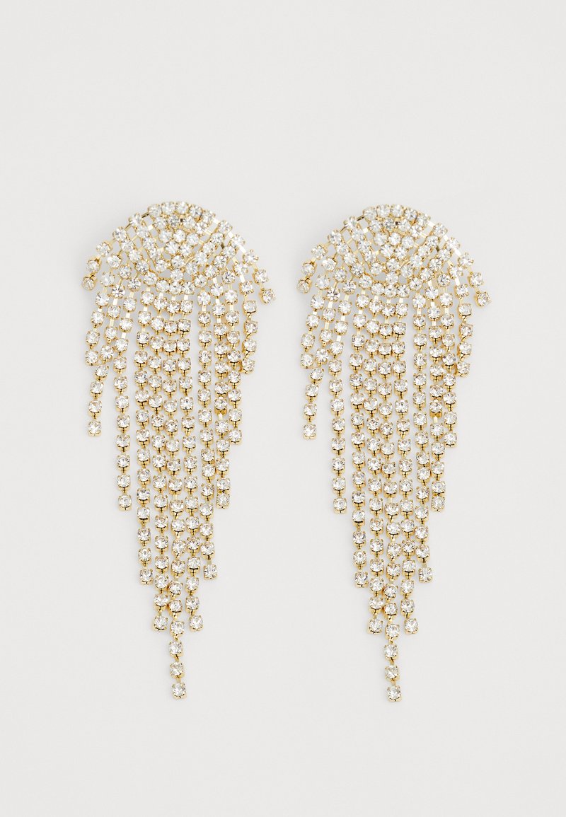 Gold-tone chandelier earrings featuring cascading strands of clear crystals, creating a dramatic, elongated silhouette.