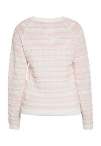 Helles rosa Pullover-Sweatshirt mit horizontalen Streifen, strukturierten Strickmustern und weißen Akzenten. Runder Halsausschnitt und gerippte Bündchen.